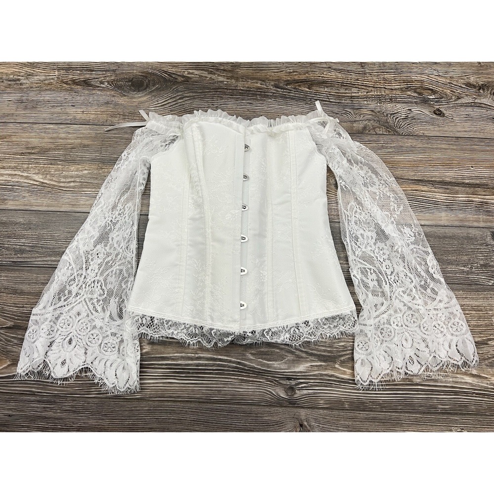 SZIVYSHI White Corset Lace Sleeves‎ Bustier Waist Trainer Steam Punk LARGE